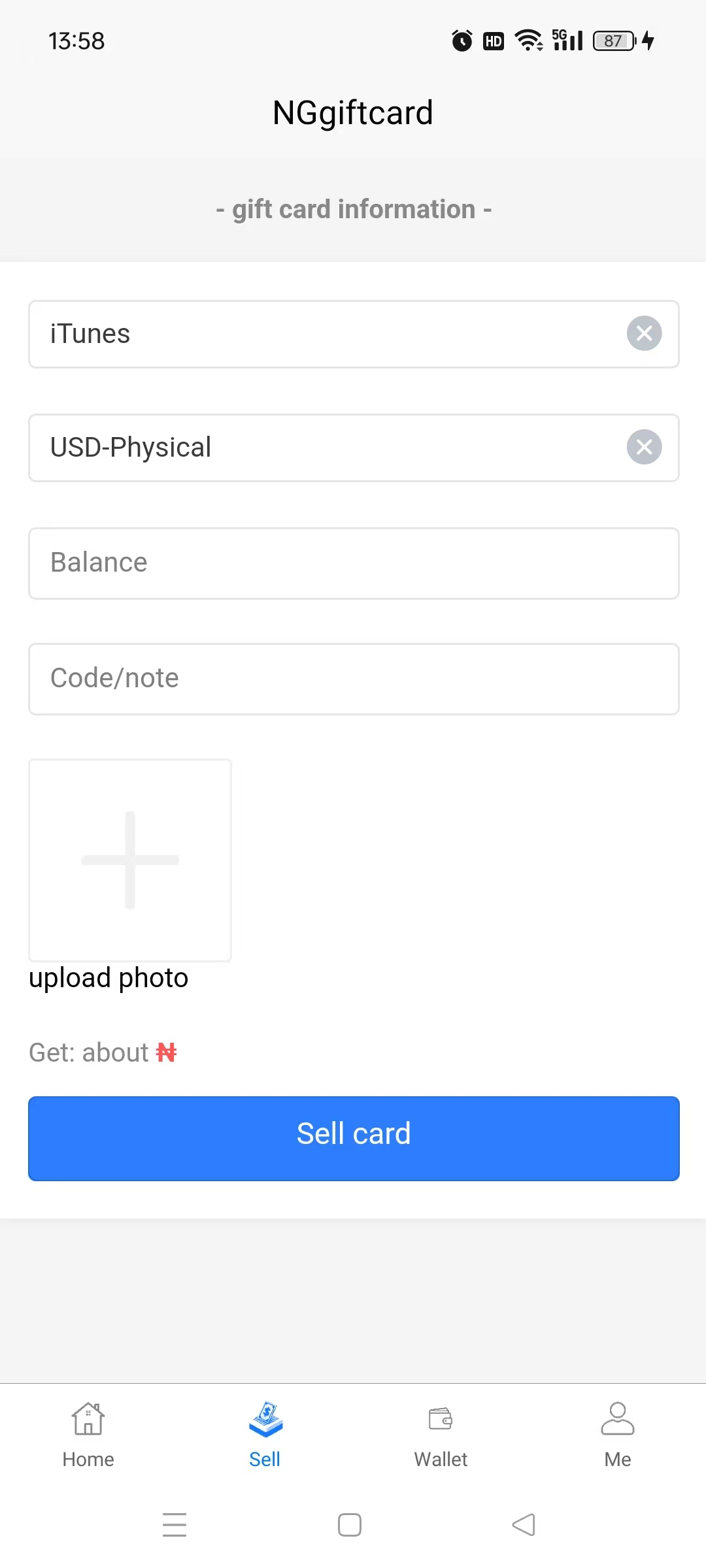 Gift Card selection interface