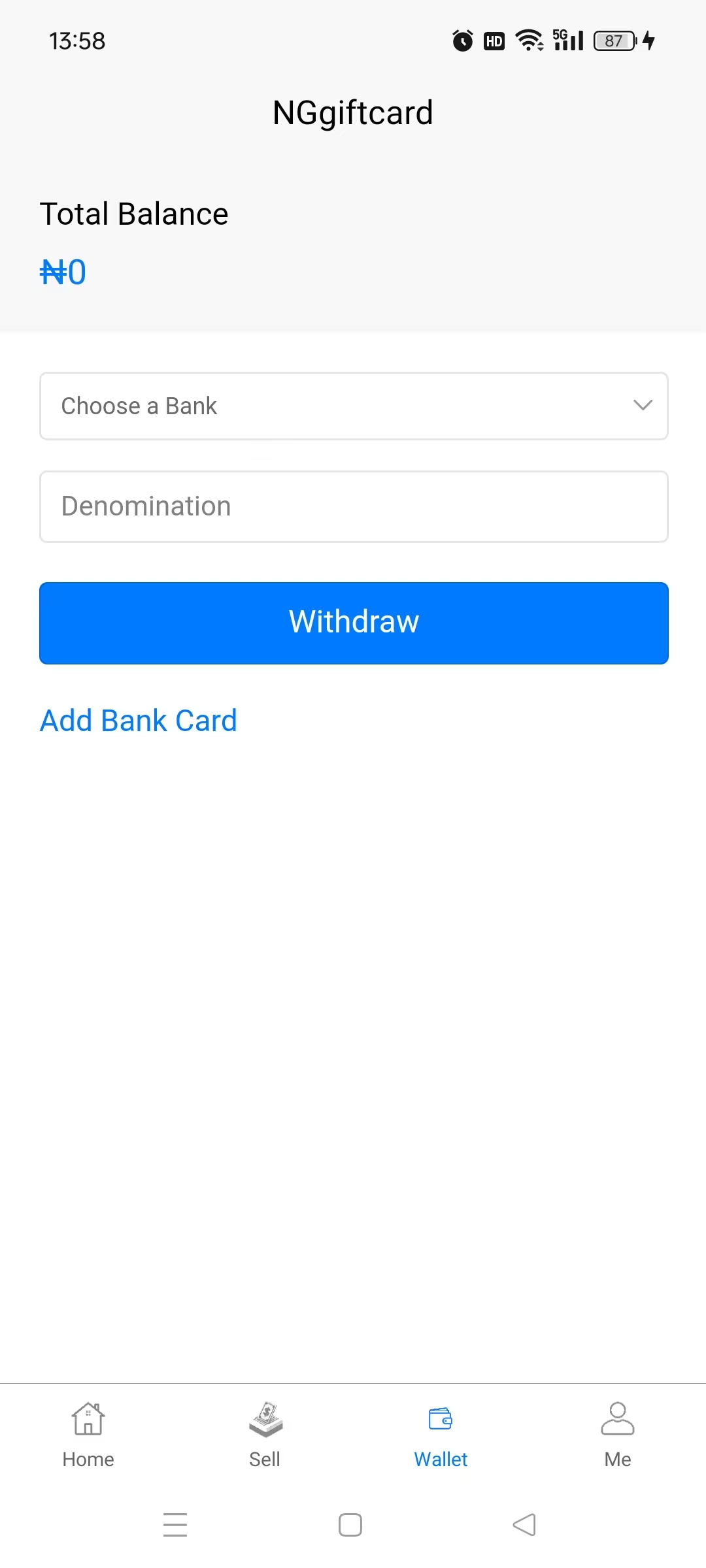 Gift Card payment interface